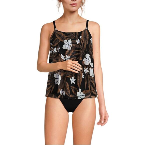 Land's End Mesh plus standard tiered chlorine resist black floral palm tankini V - Picture 6 of 7